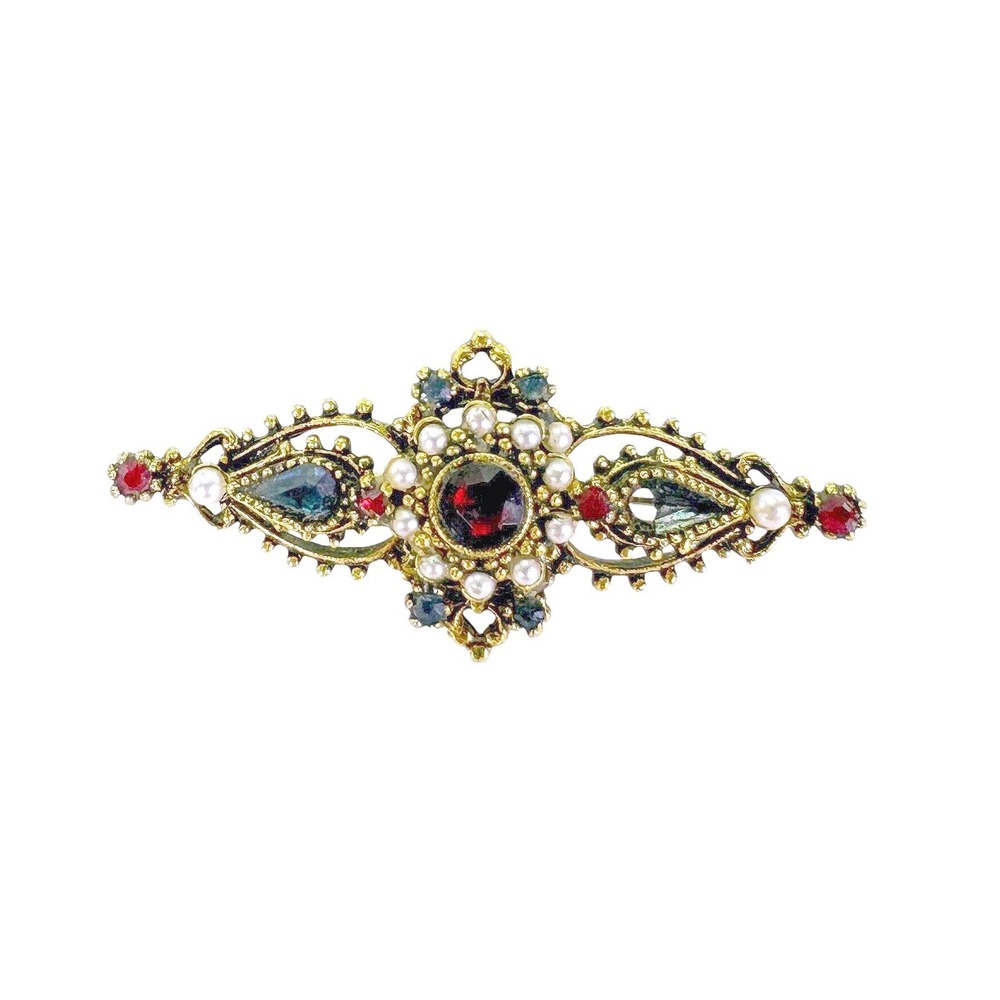Vtg ART Victorian Brooch Pin Gold Red Blue Pearl Missing Stone & 3 Pearls READ